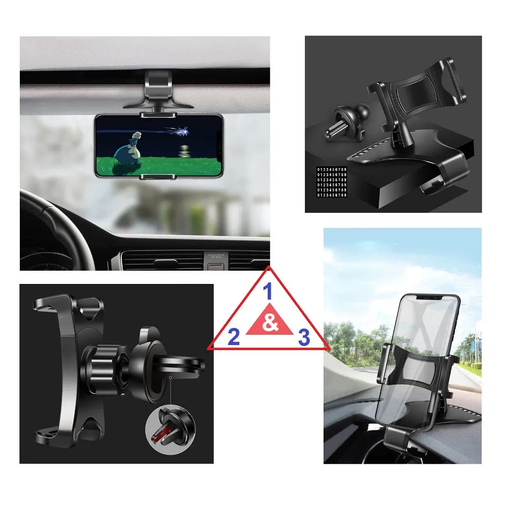 3 in 1 Car GPS Smartphone Holder: Dashboard / Visor Clamp   AC Grid Clip for Alcatel One Touch M'Pop, One Touch 5020 - Black