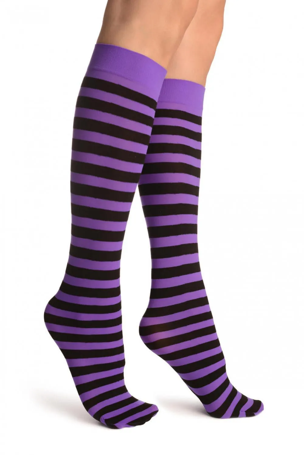Black & Bright Purple Stripes Socks Knee High