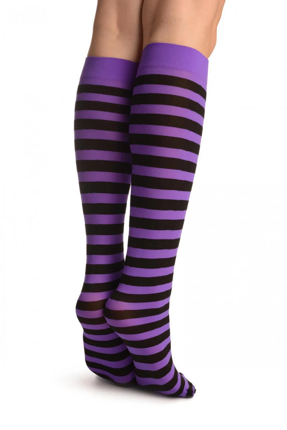 Black & Bright Purple Stripes Socks Knee High