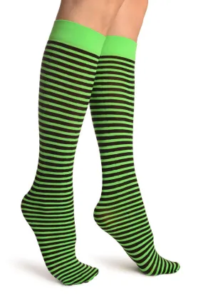 Black & Lime Green Thin Stripes Socks Knee High