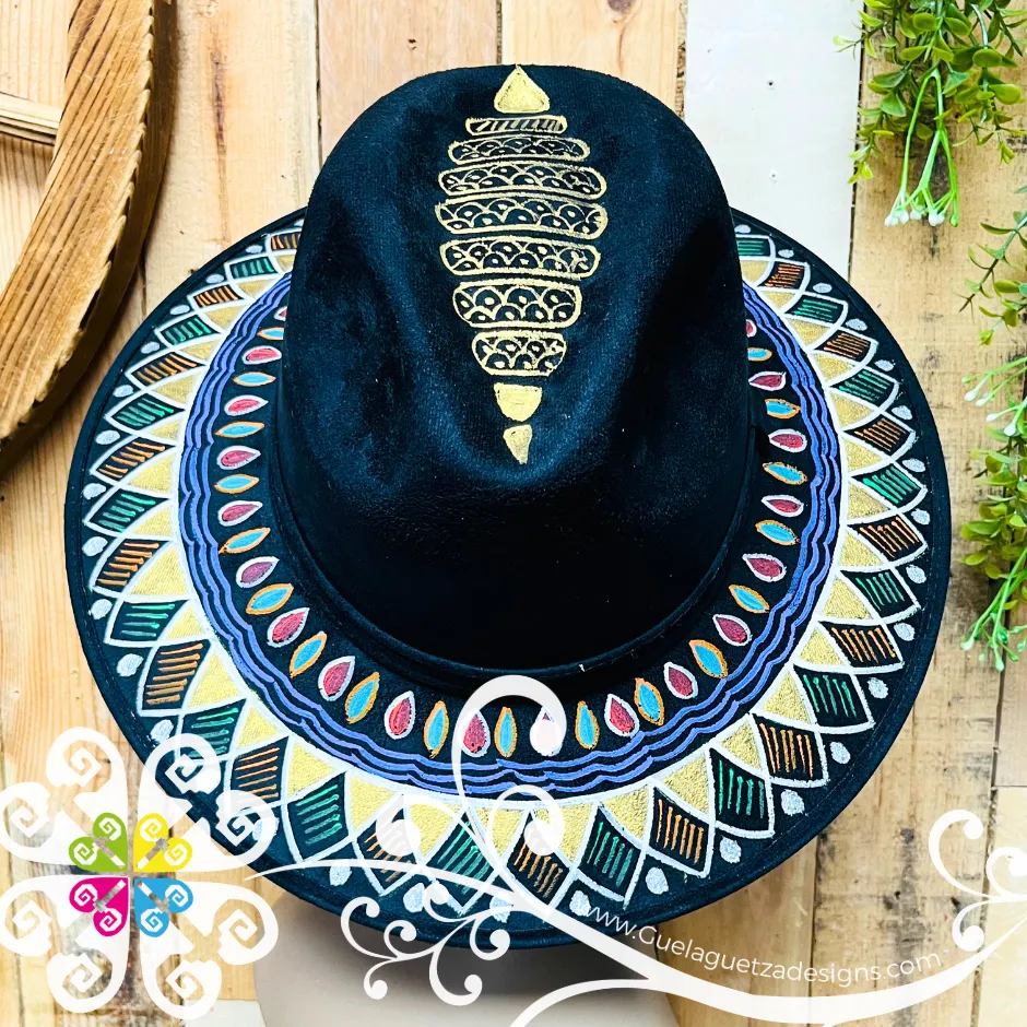 Black Indiana Mitla Velvet Hat - Hand Painted Hat