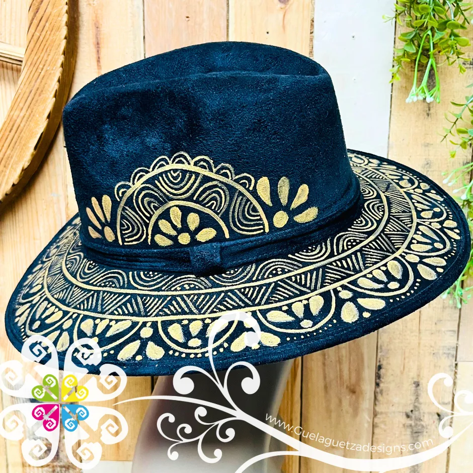 Black Indiana Mitla Velvet Hat - Hand Painted Hat