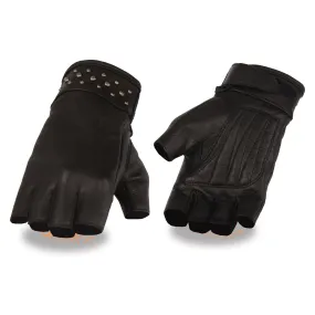 BLACK MG7761 Women's Leather Gel Palm Fingerless Motorcycle Hand Gloves W/ Stylish Wrist Detailing