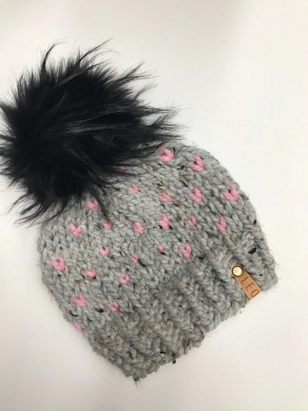 Chunky Heart Knit Faux Fur Pom Beanie