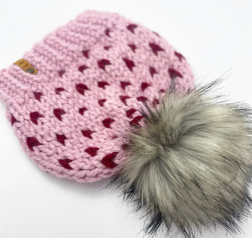 Chunky Knit Heart Faux Fur Beanie