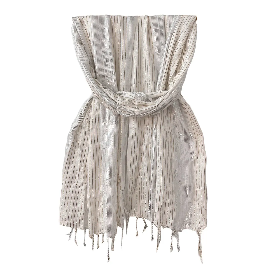 Contemporary Silver & Gold Lurex Striped White Tassel Scarf