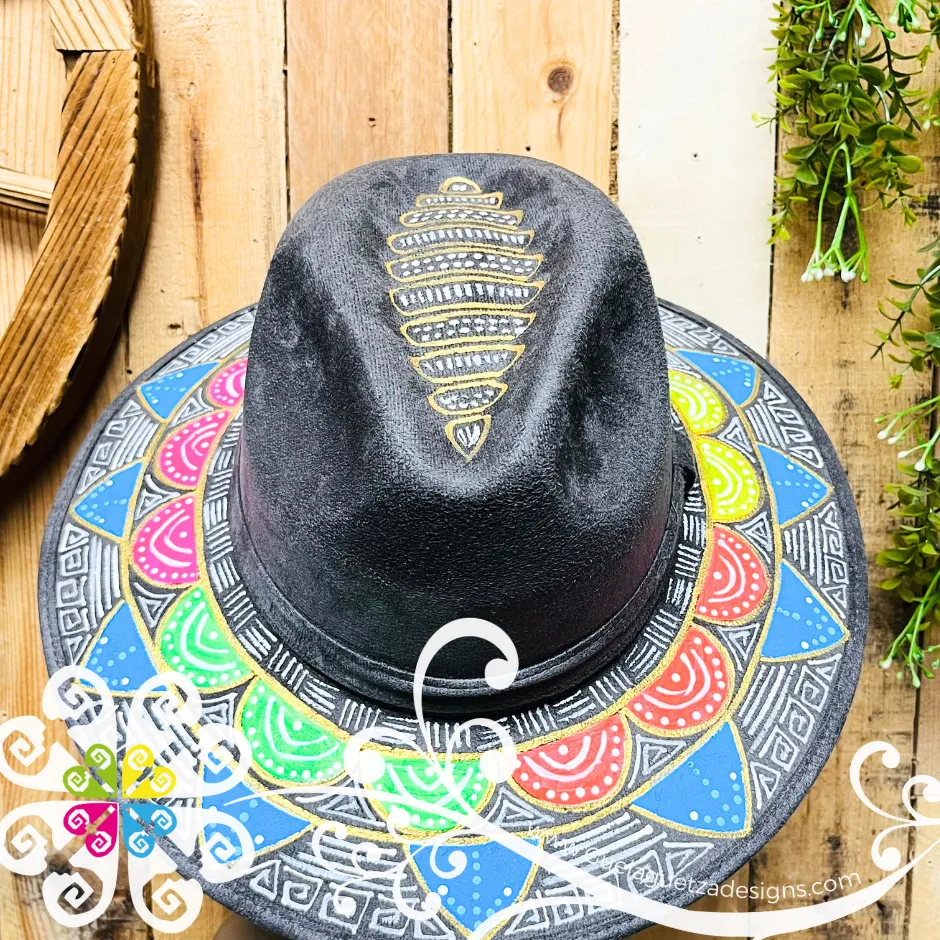 Dark Gray Indiana Mitla Velvet Hat - Hand Painted Hat