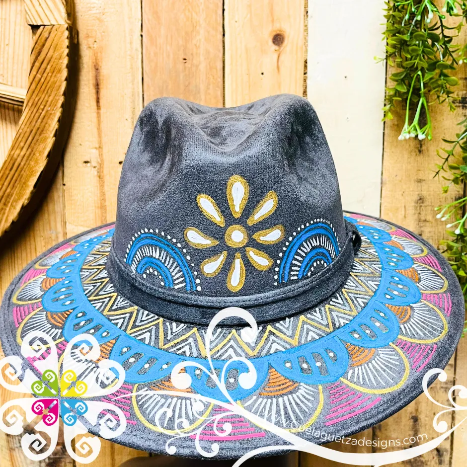 Dark Gray Indiana Mitla Velvet Hat - Hand Painted Hat