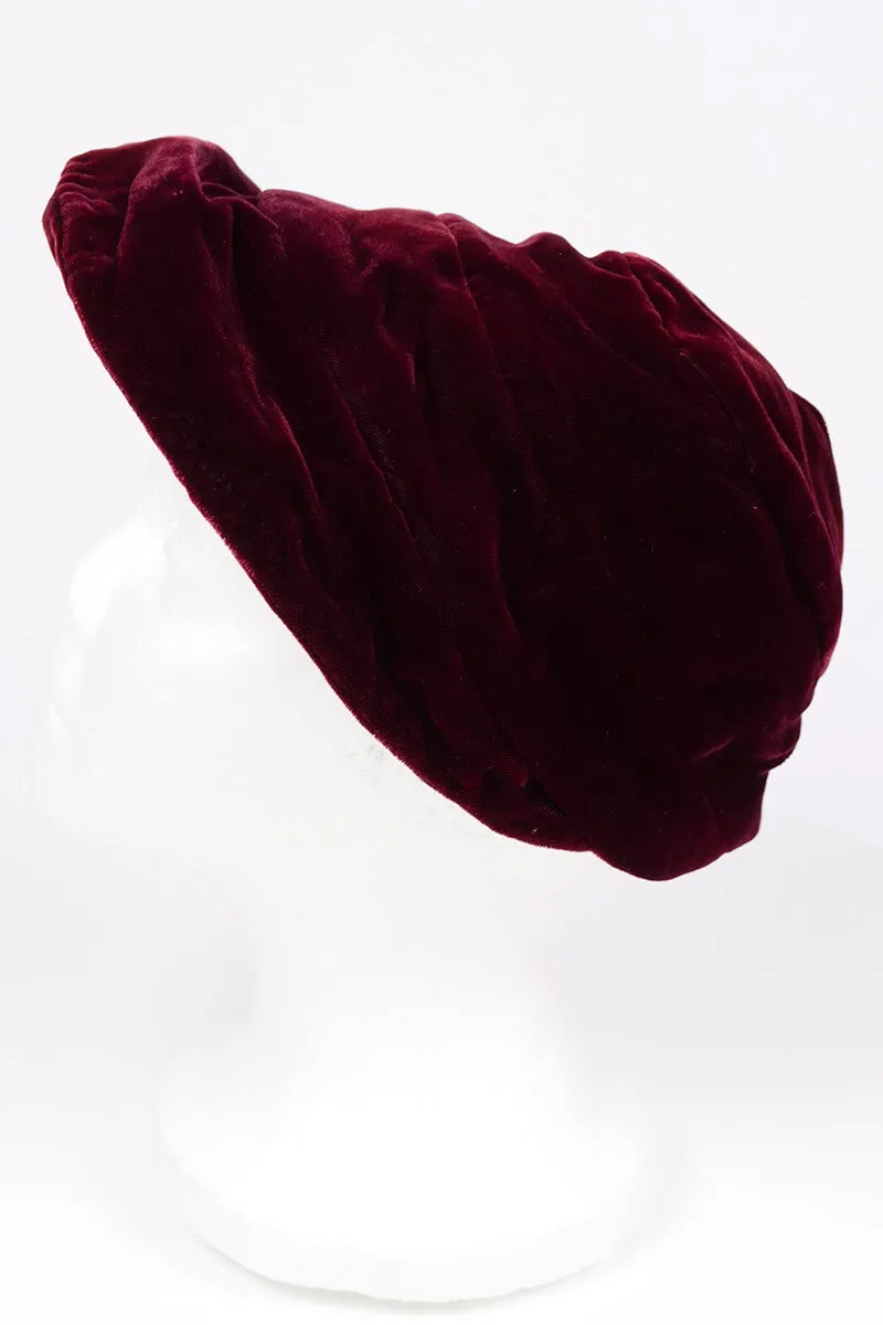 Edwardian Deep Maroon Red Velvet Bonnet Style Slouchy Vintage Hat