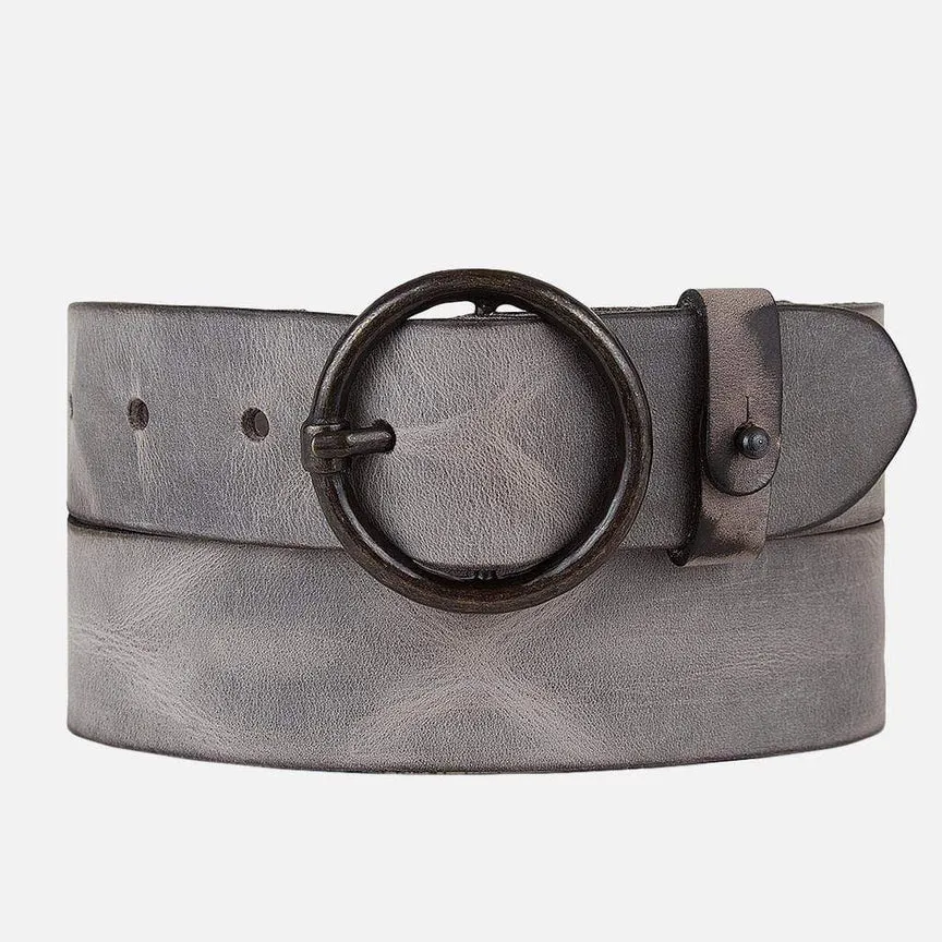Grey Leather Belt with Vintage Round Buckle