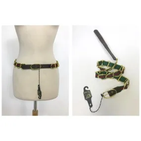Italian NWT Red Green Stripe Gold Chain & Leather Sherry Belt
