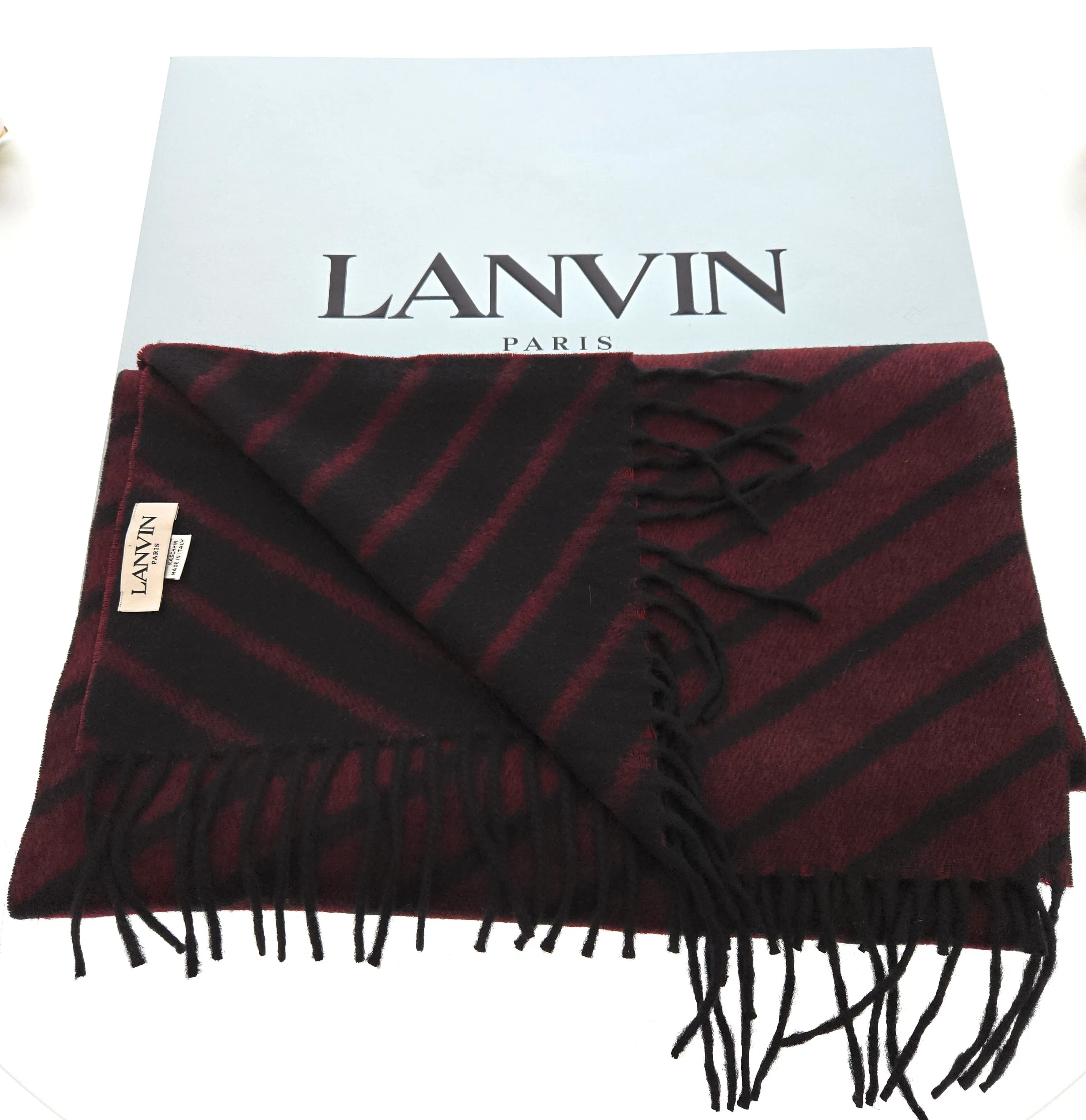 Lanvin Pure Cashmere Scarf – Striped Burgundy and Black, Fringed Luxury