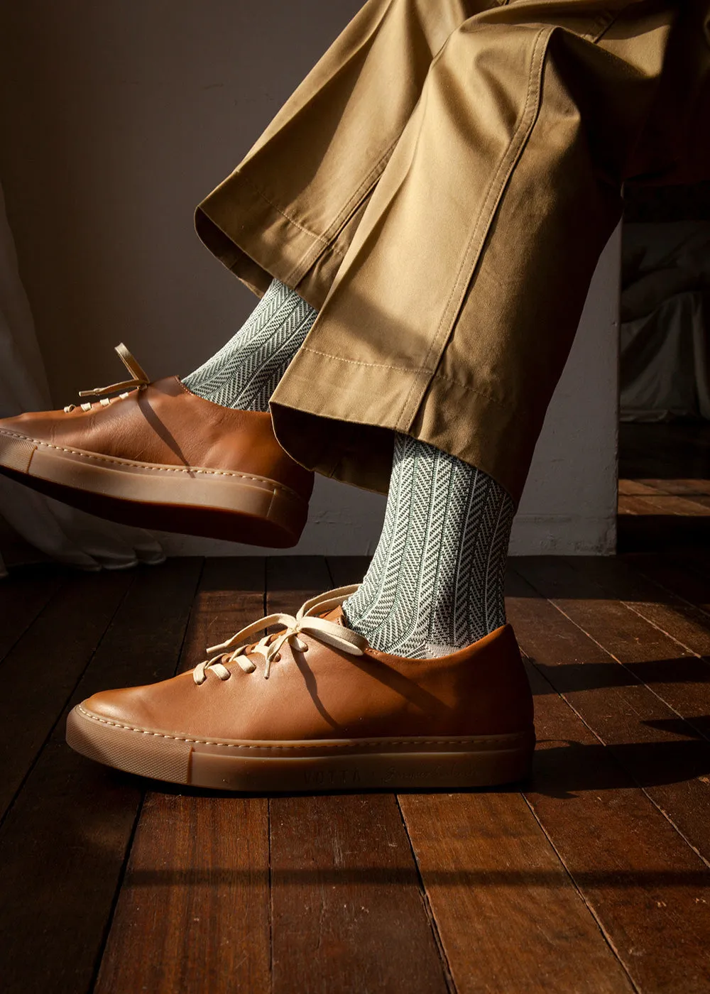 Men's Herringbone Socks - Ivory & Green
