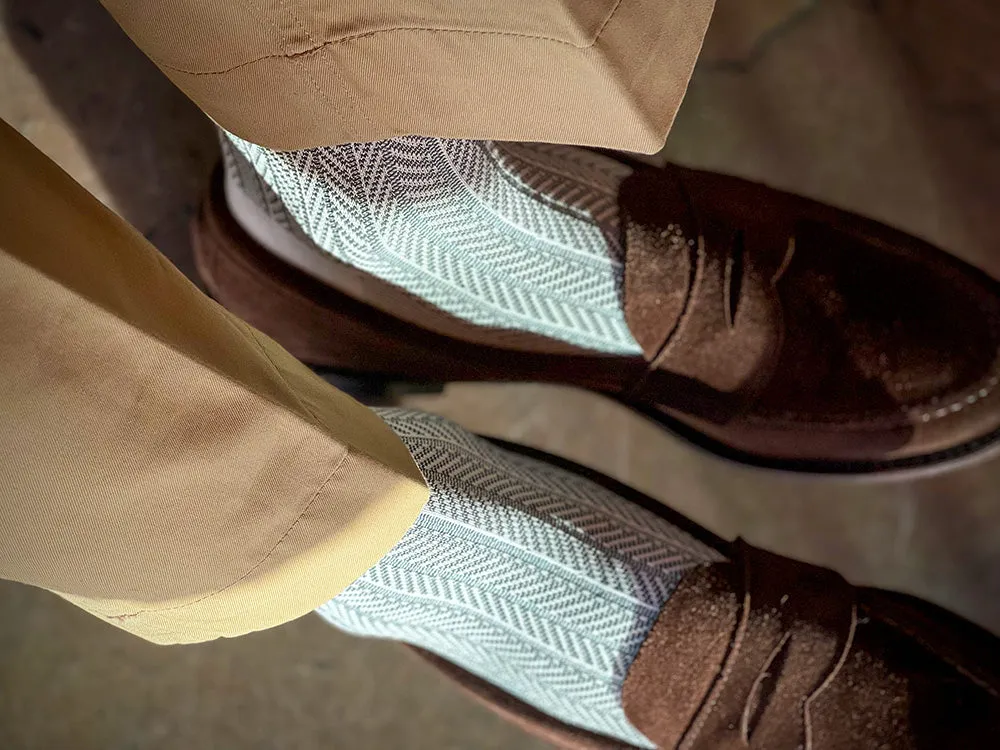 Men's Herringbone Socks - Ivory & Green