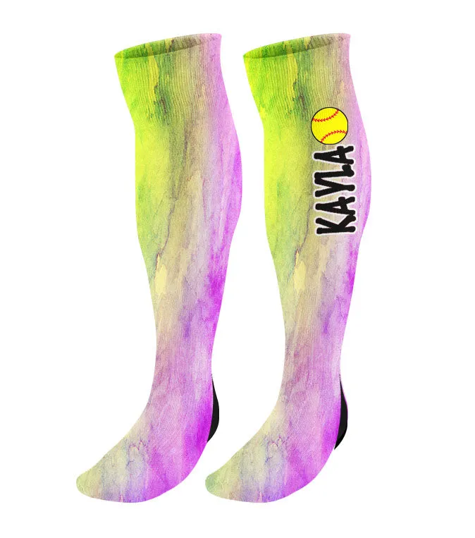 Personalized Softball Knee High Socks - Watercolor Background
