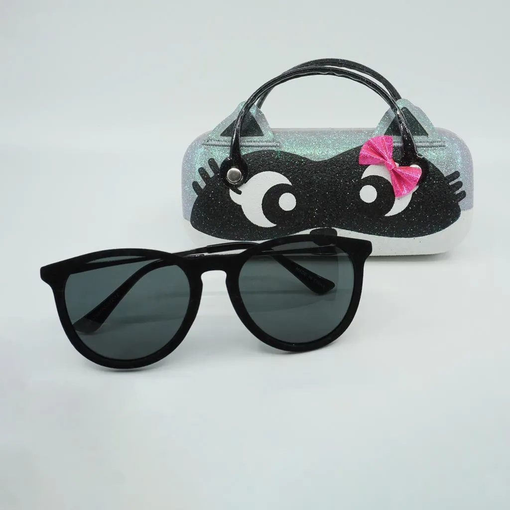 Raccoon Black and White Glitter Case with Pink Bow with an Round Black Suede Frame Sunglass -  Sunglasses and Case Set
