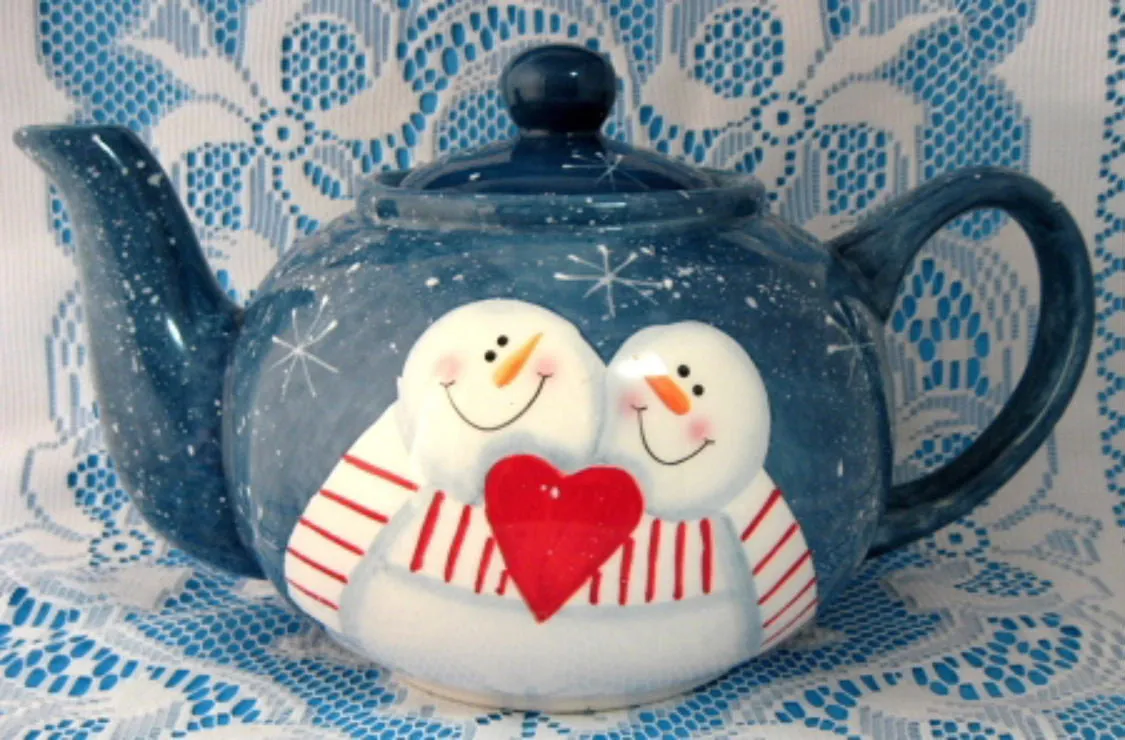 Teapot Snowman In Love On Folk Art Snowflakes Large Folk Art Style 1980s Christmas