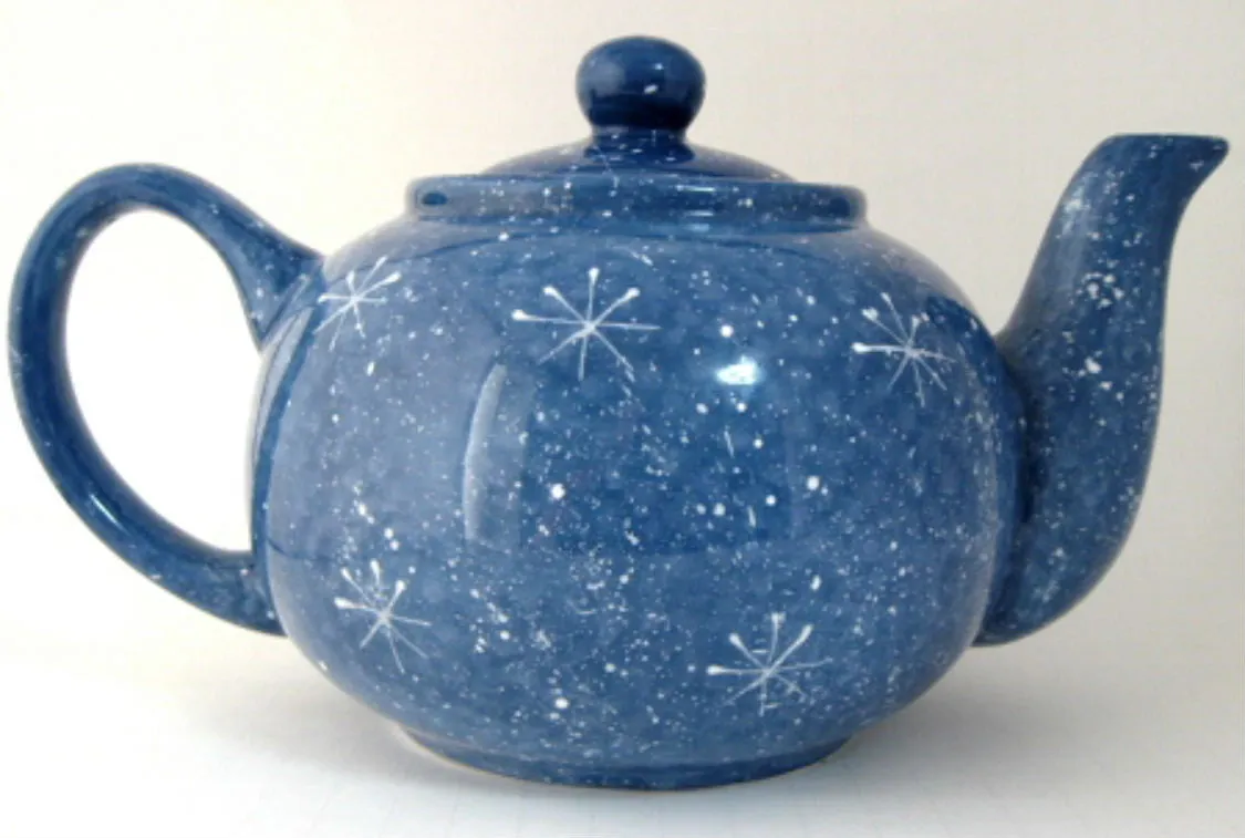 Teapot Snowman In Love On Folk Art Snowflakes Large Folk Art Style 1980s Christmas