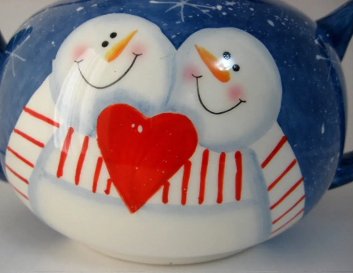 Teapot Snowman In Love On Folk Art Snowflakes Large Folk Art Style 1980s Christmas