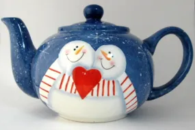 Teapot Snowman In Love On Folk Art Snowflakes Large Folk Art Style 1980s Christmas
