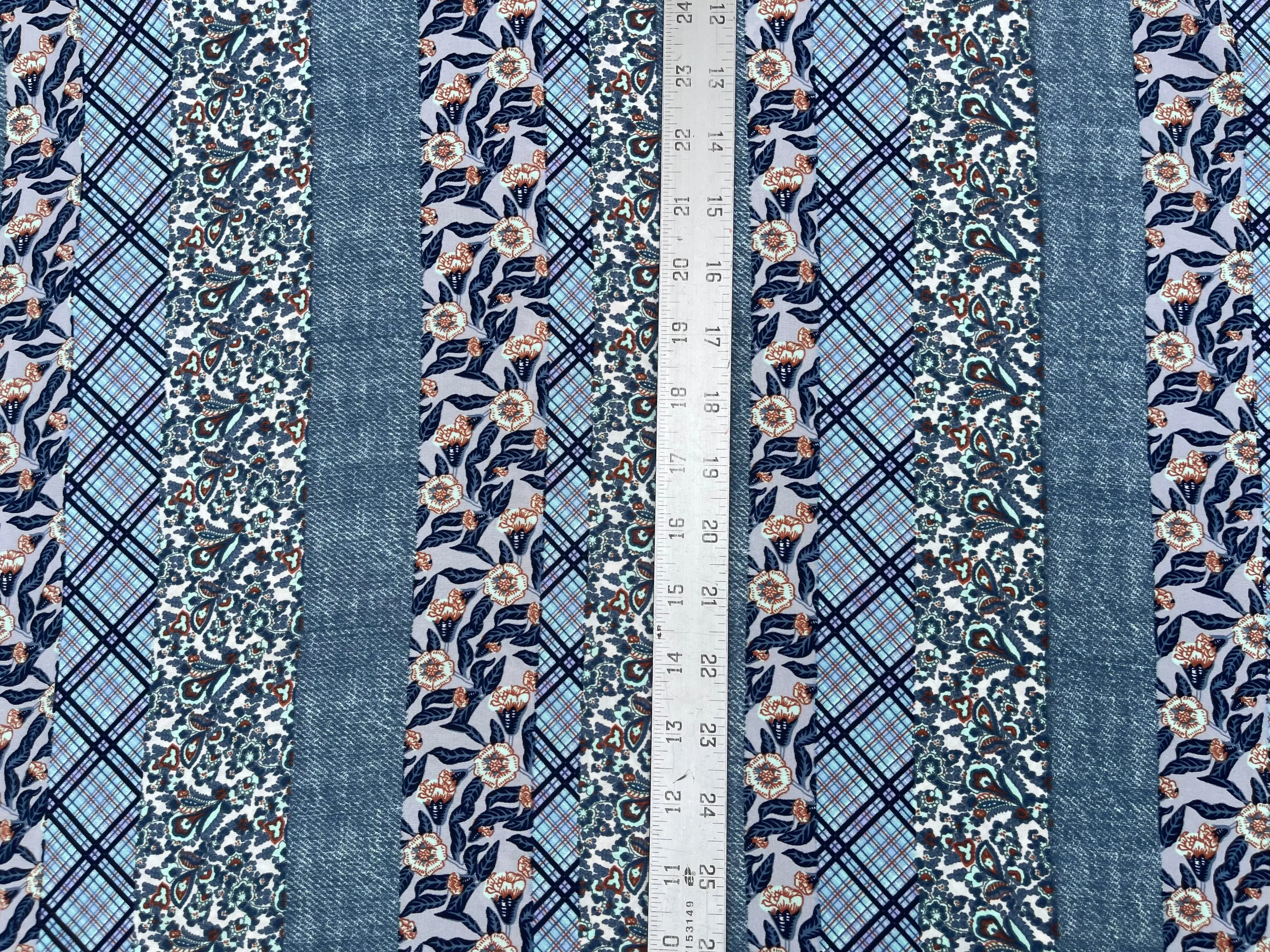 Tribal Boho Woolpeach  fabric by the yard - Denim floral and paisley striped pattern