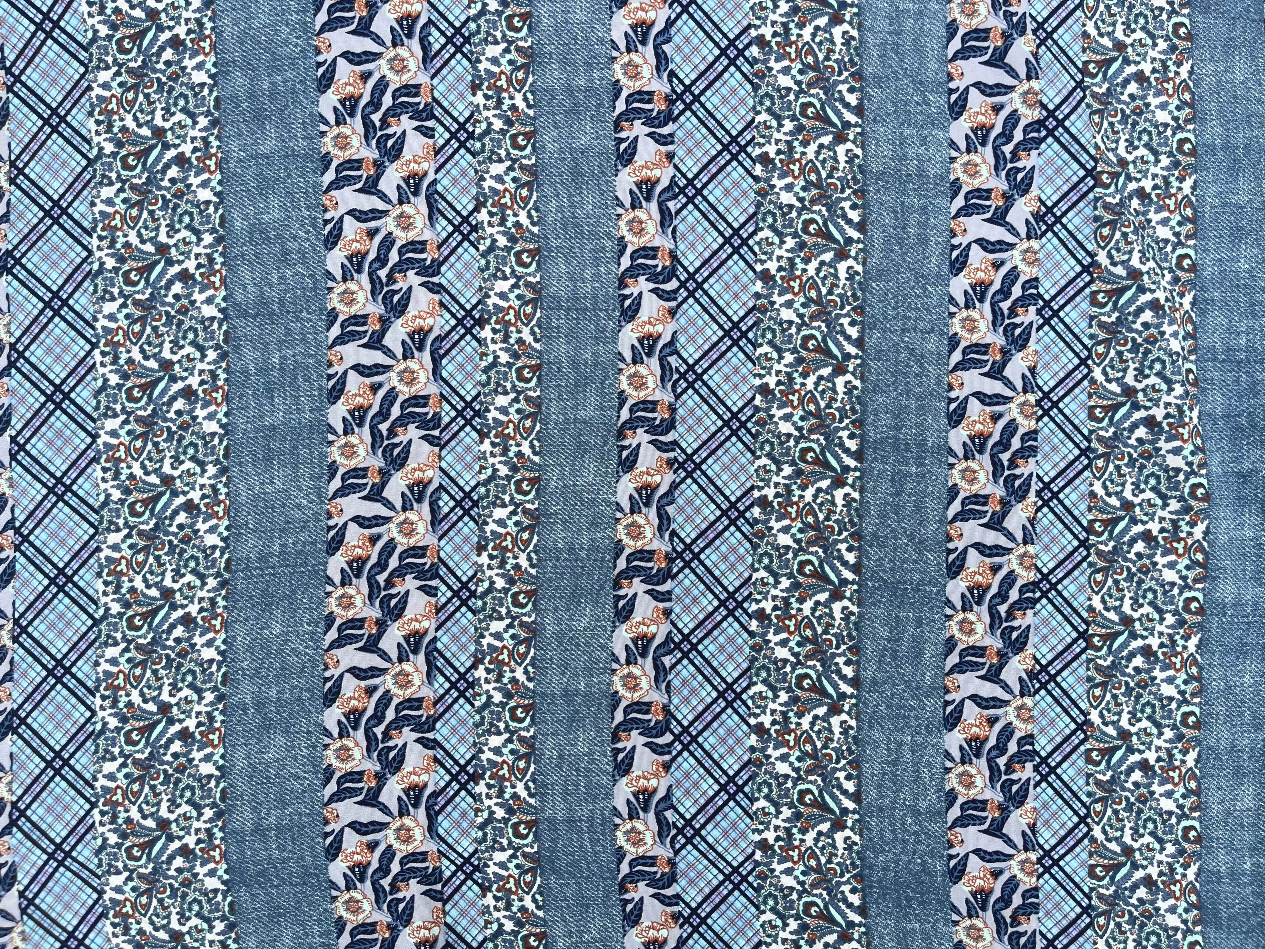 Tribal Boho Woolpeach  fabric by the yard - Denim floral and paisley striped pattern