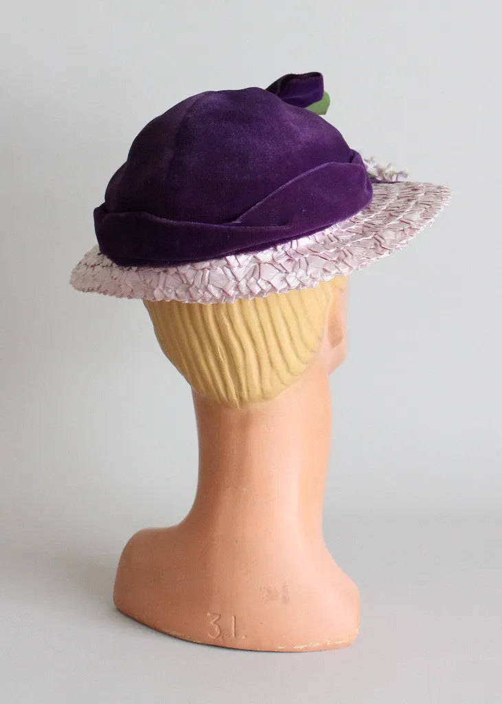 Vintage 1940s Purple Wisteria Straw and Velvet Hat