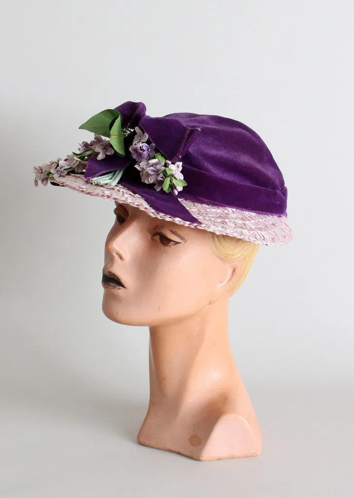 Vintage 1940s Purple Wisteria Straw and Velvet Hat