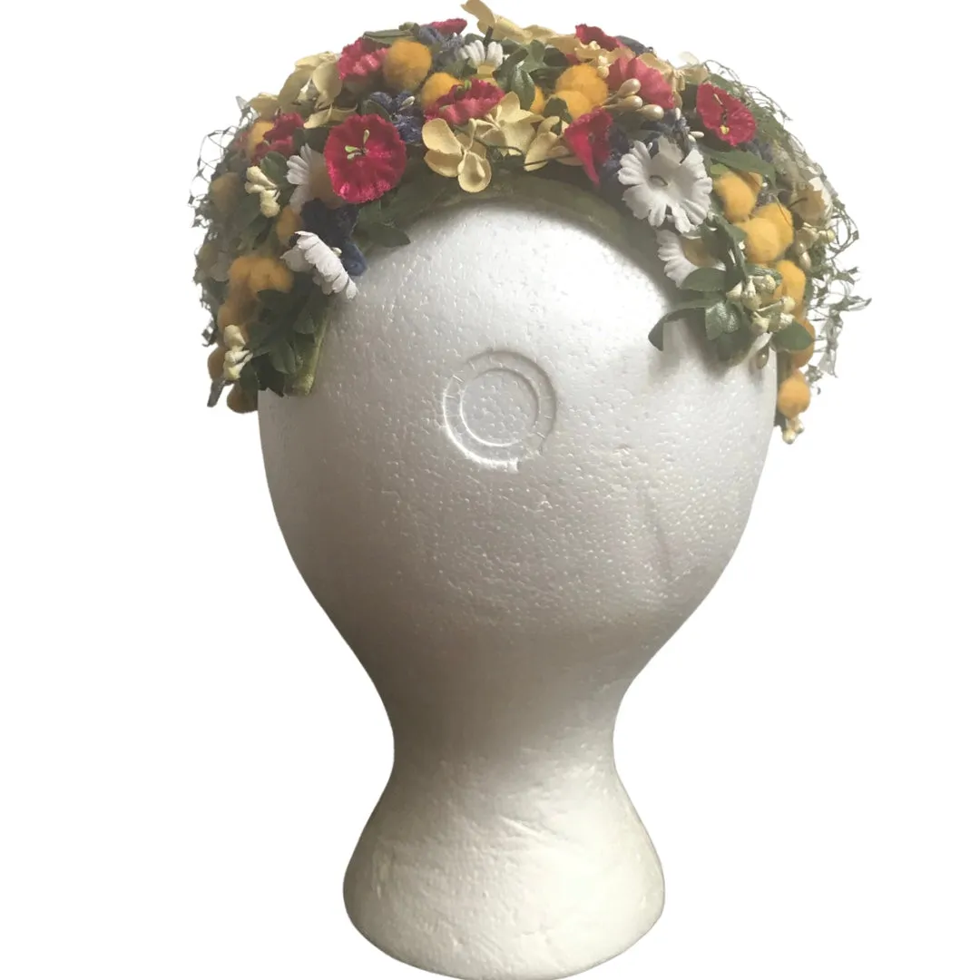 Vintage 1950s Silk Floral Juliette Cap Hat
