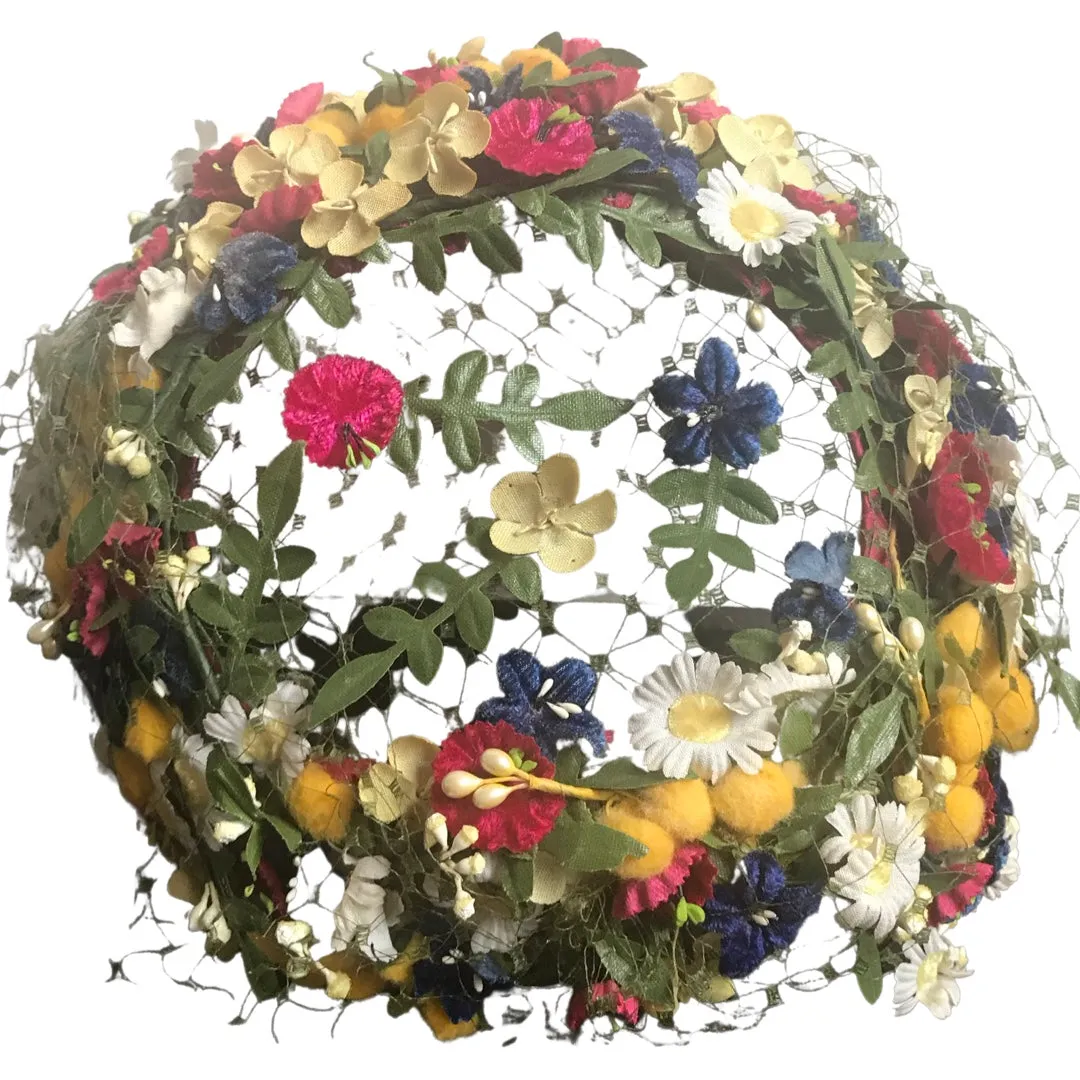 Vintage 1950s Silk Floral Juliette Cap Hat