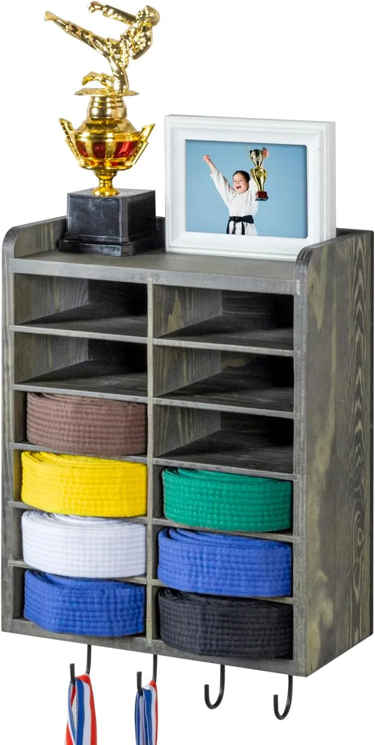 Weathered Gray Wood Wall Mounted Martial Arts Belt Holder with Trophy Display Shelf Metal Hanging Hooks for Medals