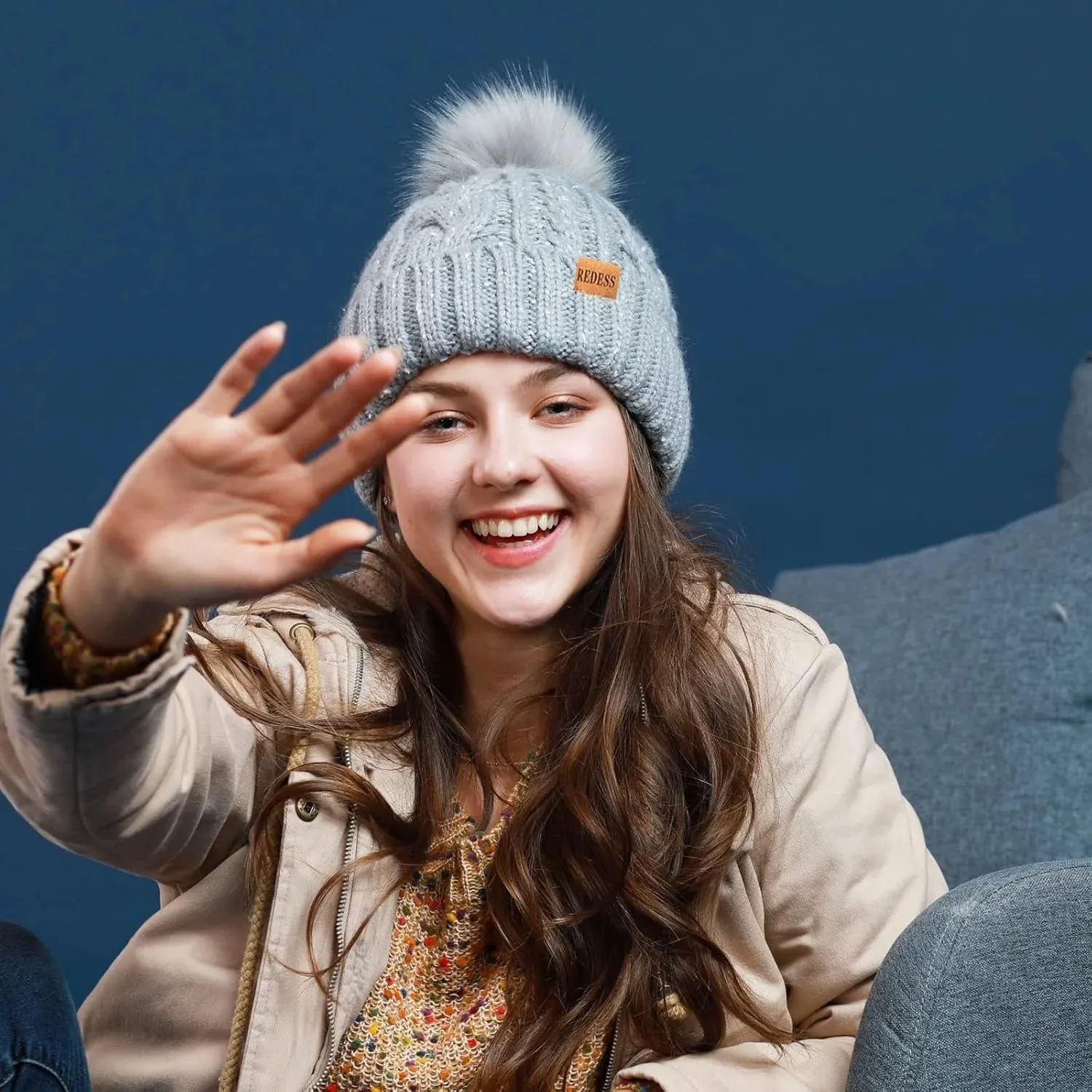 Women Winter Pompom Beanie Hat with Warm Fleece Lined, Thick Slouchy Knit Skull Ski Cap-Wine Red