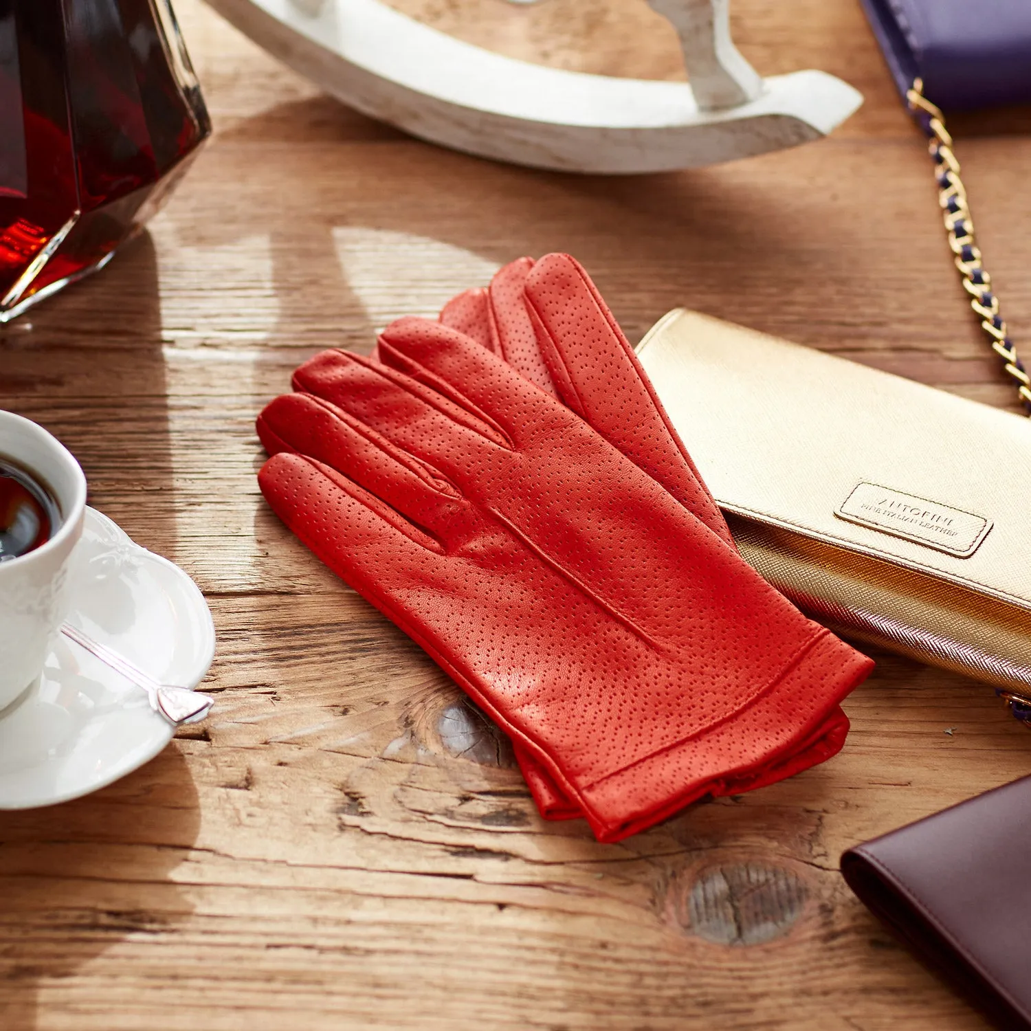 Women's Leather Gloves in Coral Red, Silk Lined